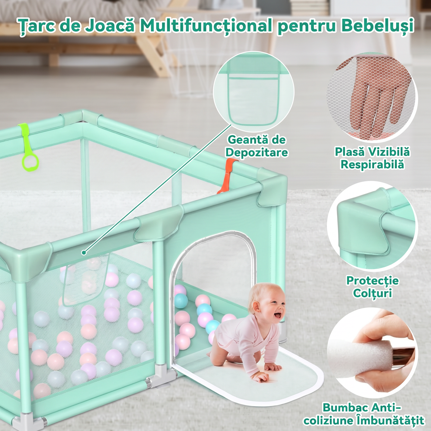 Tarc de Joacă pentru Copii cu Plasă de Protecție și Ușă cu Fermoar
