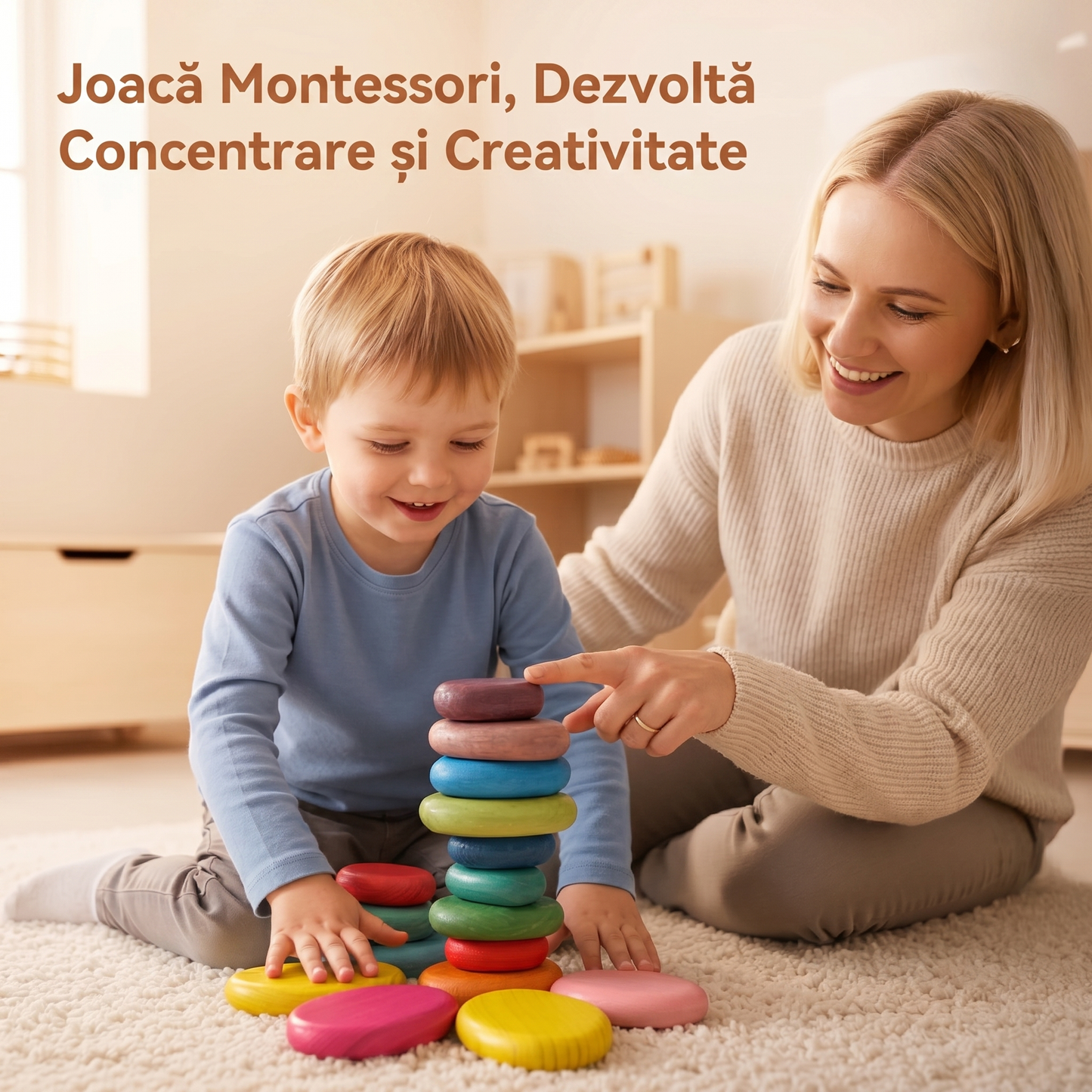 Set 16 Pietre Montessori din Lemn pentru Echilibru