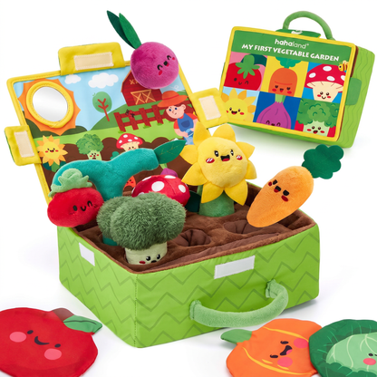 Jucărie Montessori Senzorială pentru Bebeluși 6-12 Luni – Grădină cu Fructe și Legume Plush
