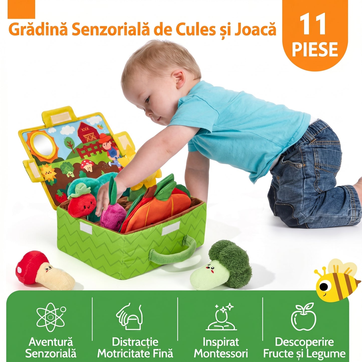 Jucărie Montessori Senzorială pentru Bebeluși 6-12 Luni – Grădină cu Fructe și Legume Plush