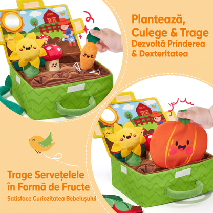 Jucărie Montessori Senzorială pentru Bebeluși 6-12 Luni – Grădină cu Fructe și Legume Plush