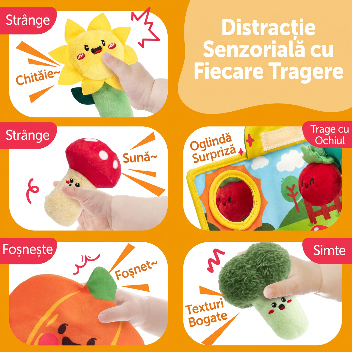 Jucărie Montessori Senzorială pentru Bebeluși 6-12 Luni – Grădină cu Fructe și Legume Plush
