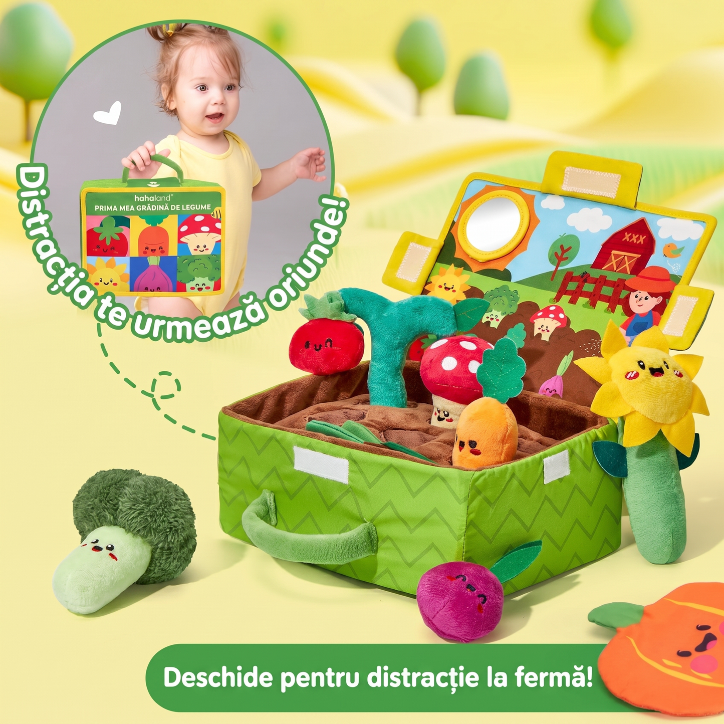 Jucărie Montessori Senzorială pentru Bebeluși 6-12 Luni – Grădină cu Fructe și Legume Plush
