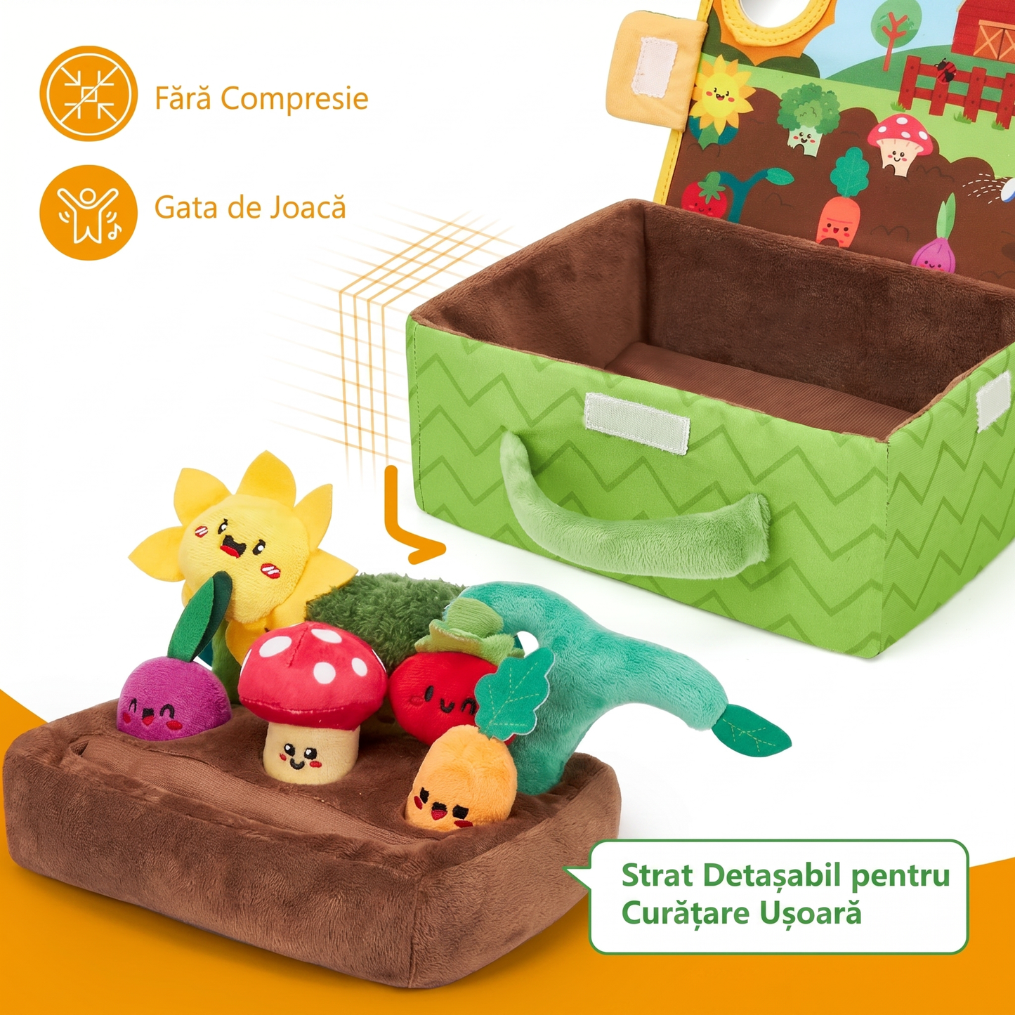 Jucărie Montessori Senzorială pentru Bebeluși 6-12 Luni – Grădină cu Fructe și Legume Plush