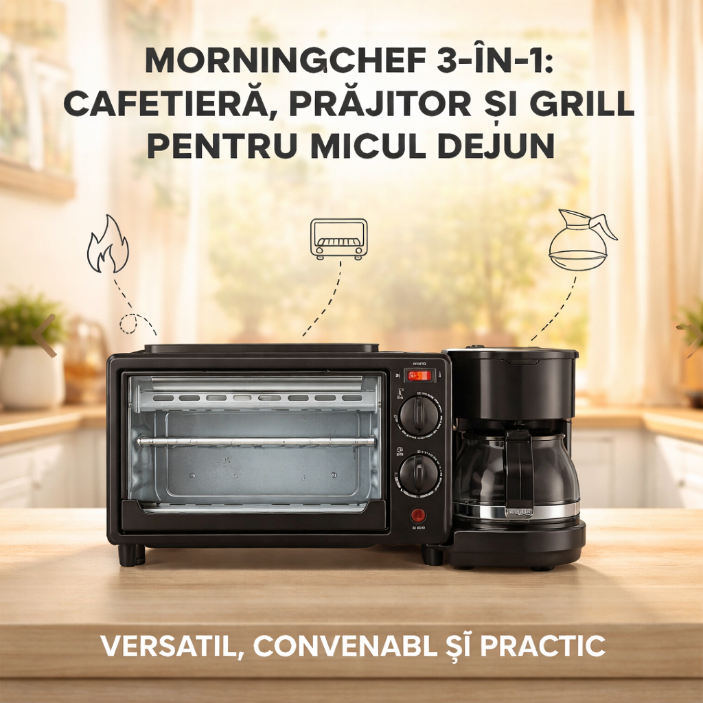 MorningChef 3-în-1: Cafetieră, Prăjitor și Grill pentru Micul Dejun