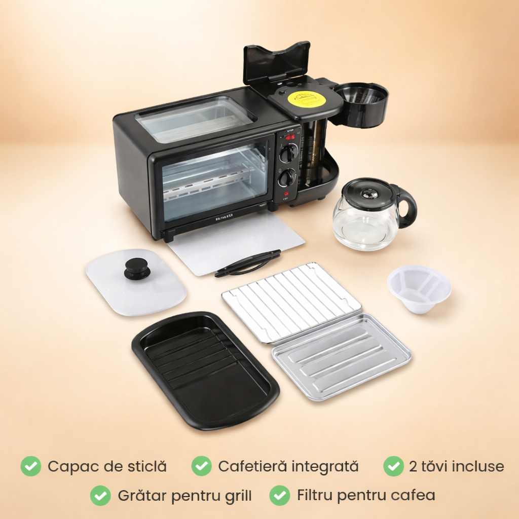 MorningChef 3-în-1: Cafetieră, Prăjitor și Grill pentru Micul Dejun