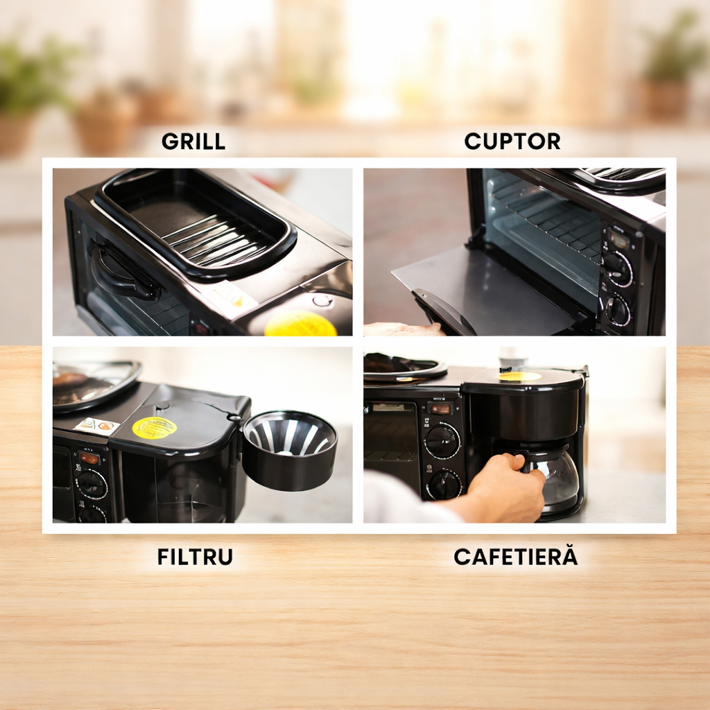 MorningChef 3-în-1: Cafetieră, Prăjitor și Grill pentru Micul Dejun