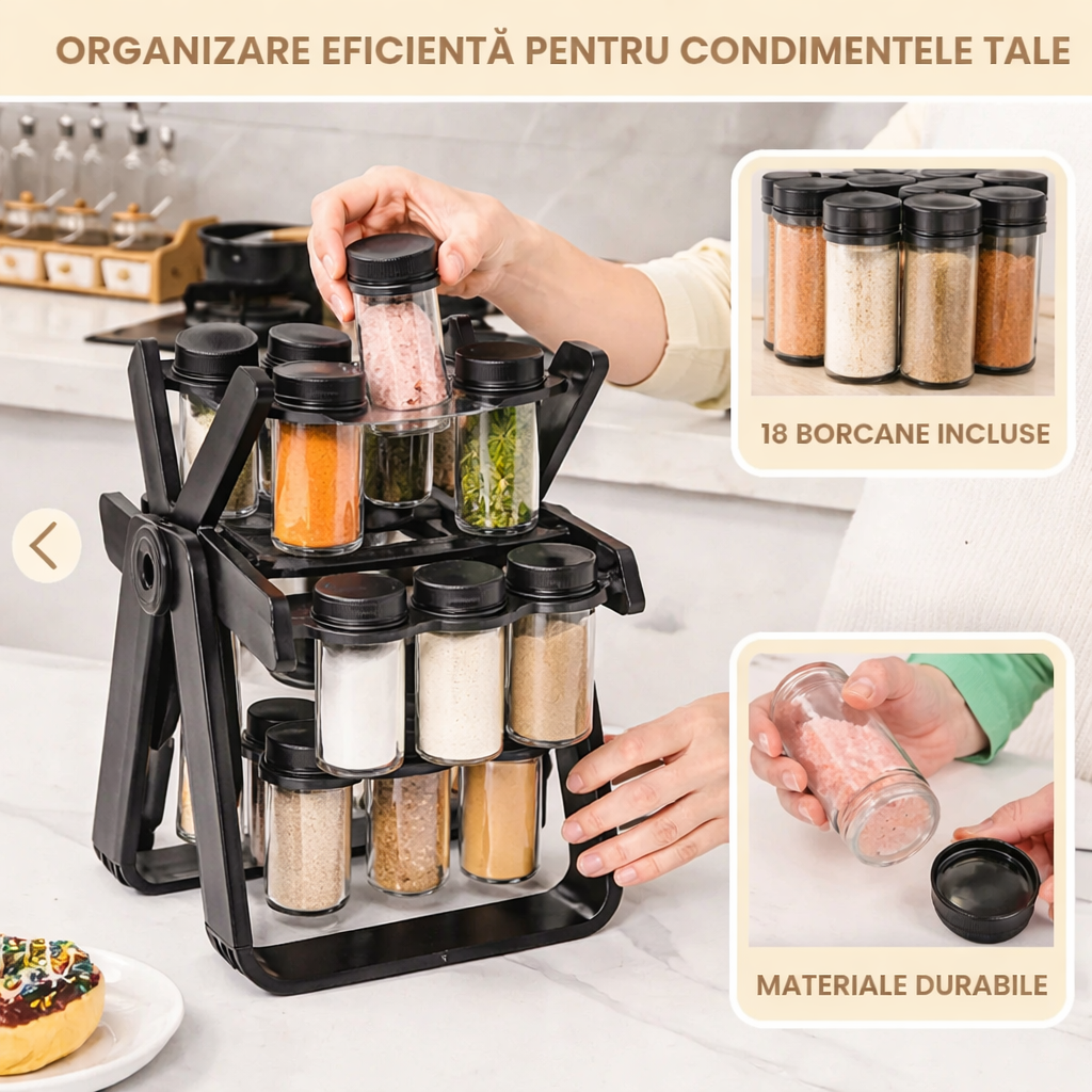 Organizator Rotativ pentru Condimente la 360° cu 18 Borcane Incluse
