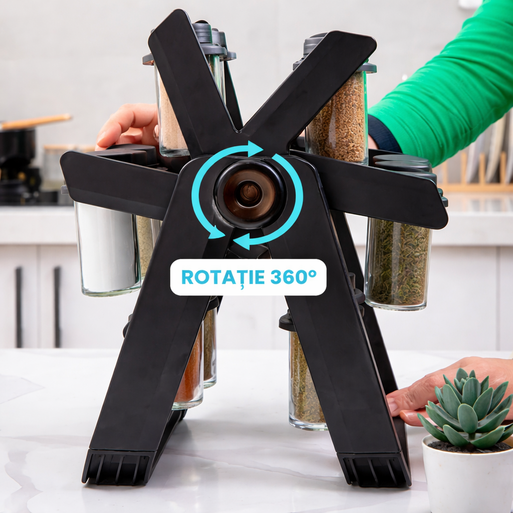 Organizator Rotativ pentru Condimente la 360° cu 18 Borcane Incluse