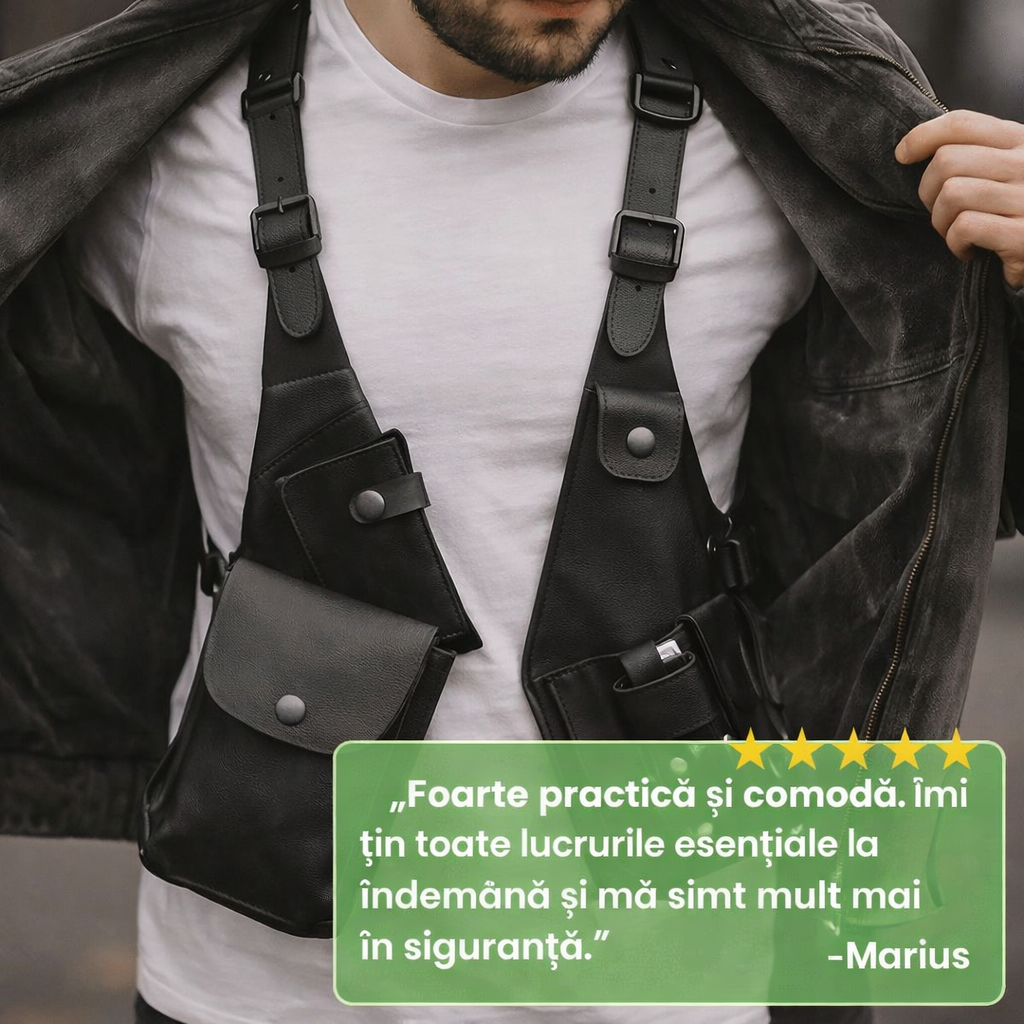 Vestă Antifurt din Piele cu Prindere pe Umăr, Elegantă și Practică, cu Buzunare Sigure