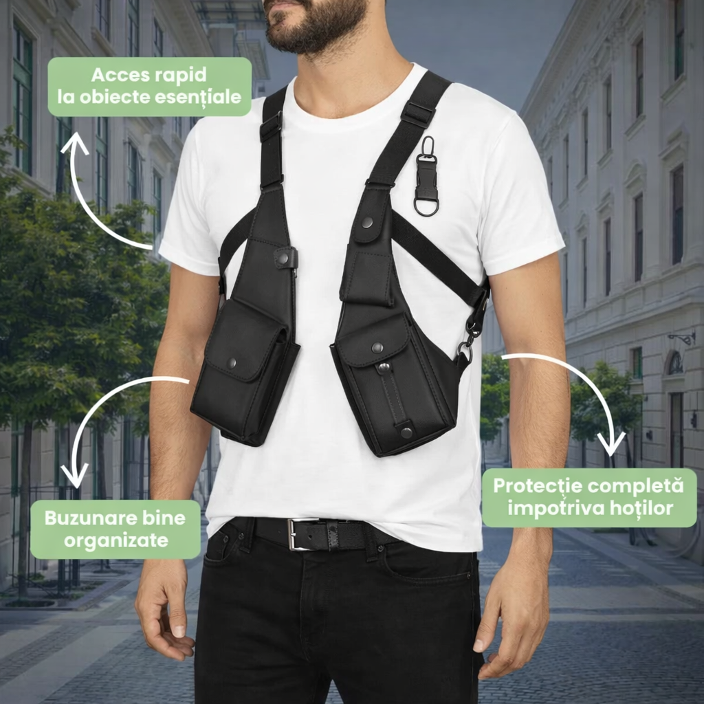 Vestă Antifurt din Piele cu Prindere pe Umăr, Elegantă și Practică, cu Buzunare Sigure