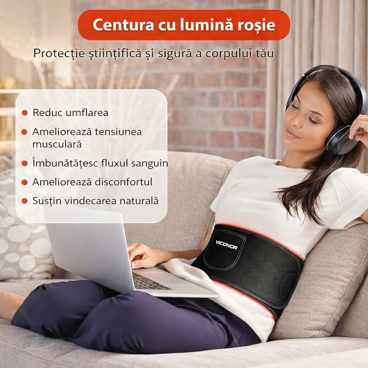 Centură cu Terapie cu Lumină Roșie pentru Corp cu Timer și Telecomandă pentru Spate, Talie și Mușchi