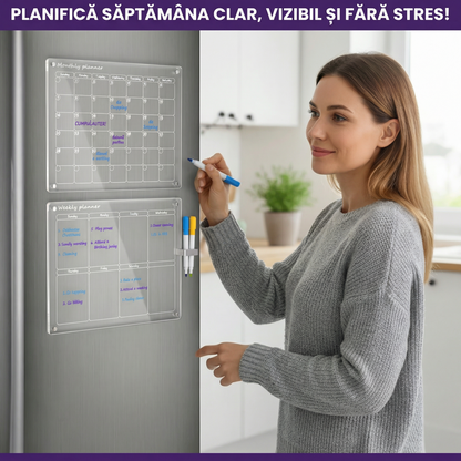 Set Planificator Acrilic Săptămânal și Lunar cu Prindere Magnetică și Markere