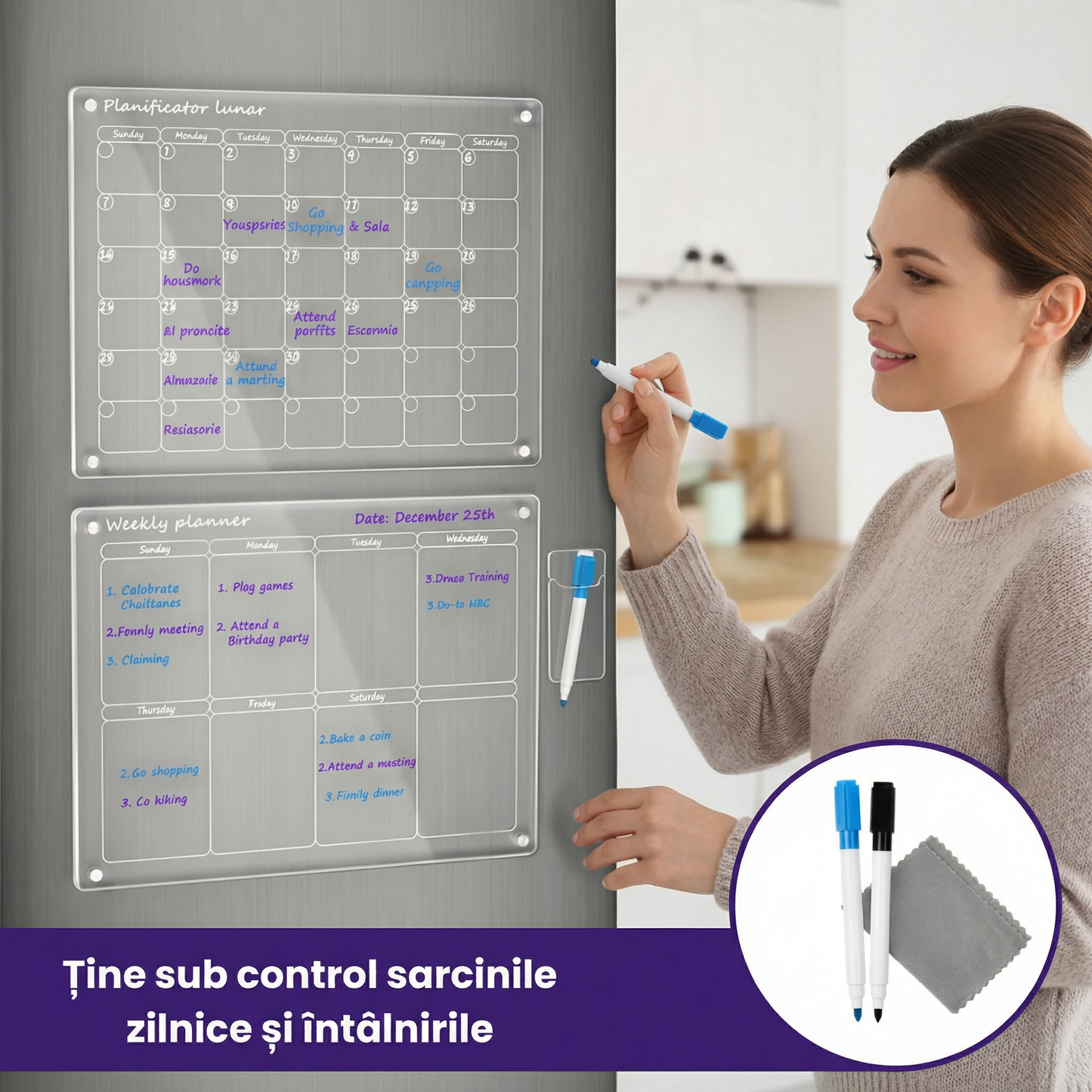 Set Planificator Acrilic Săptămânal și Lunar cu Prindere Magnetică și Markere
