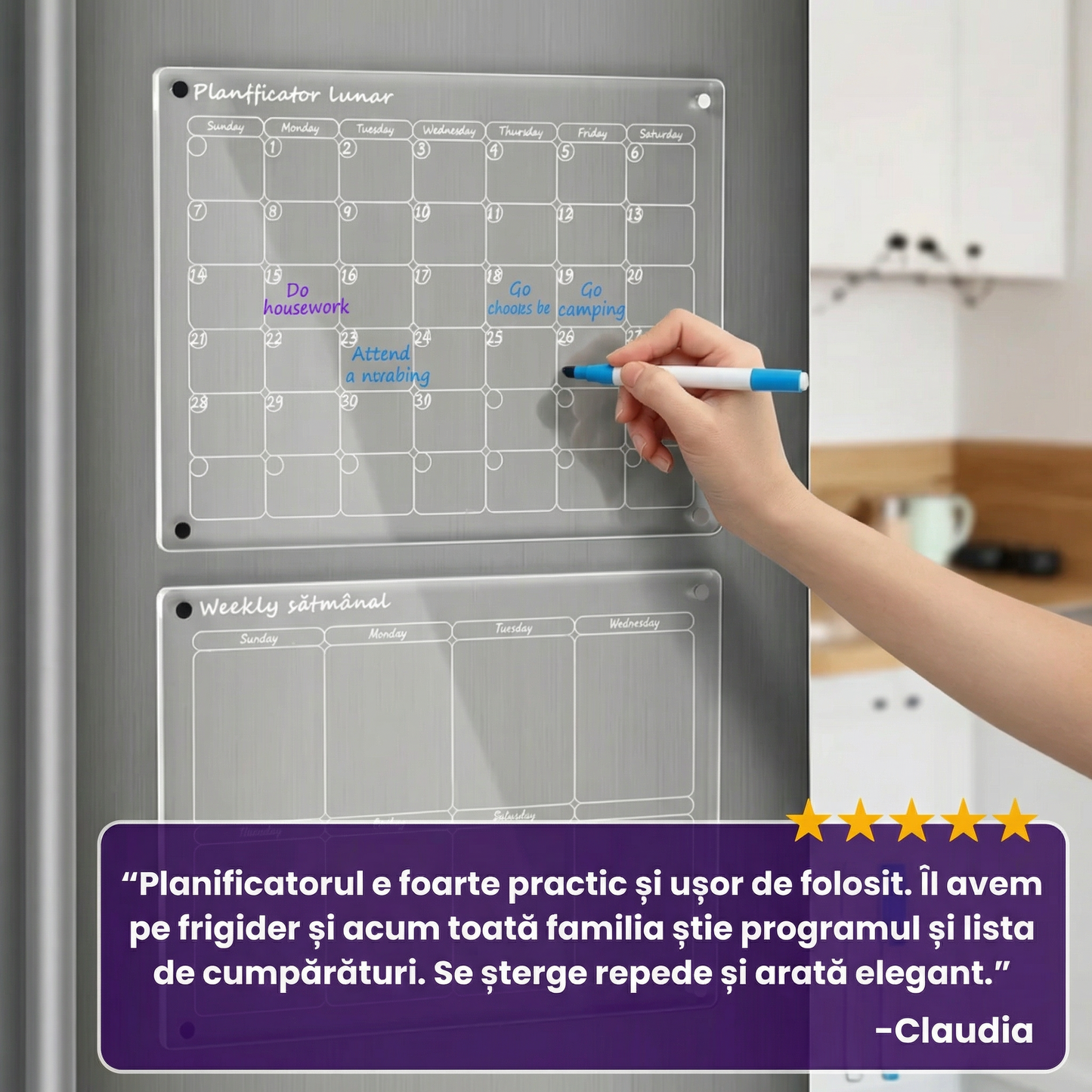 Set Planificator Acrilic Săptămânal și Lunar cu Prindere Magnetică și Markere
