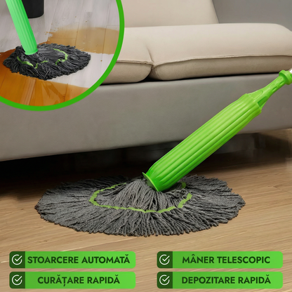 Mop cu Stoarcere Automată, Microfibre Ultra-Absorbante, Mâner Telescopic și Curățare Eficientă