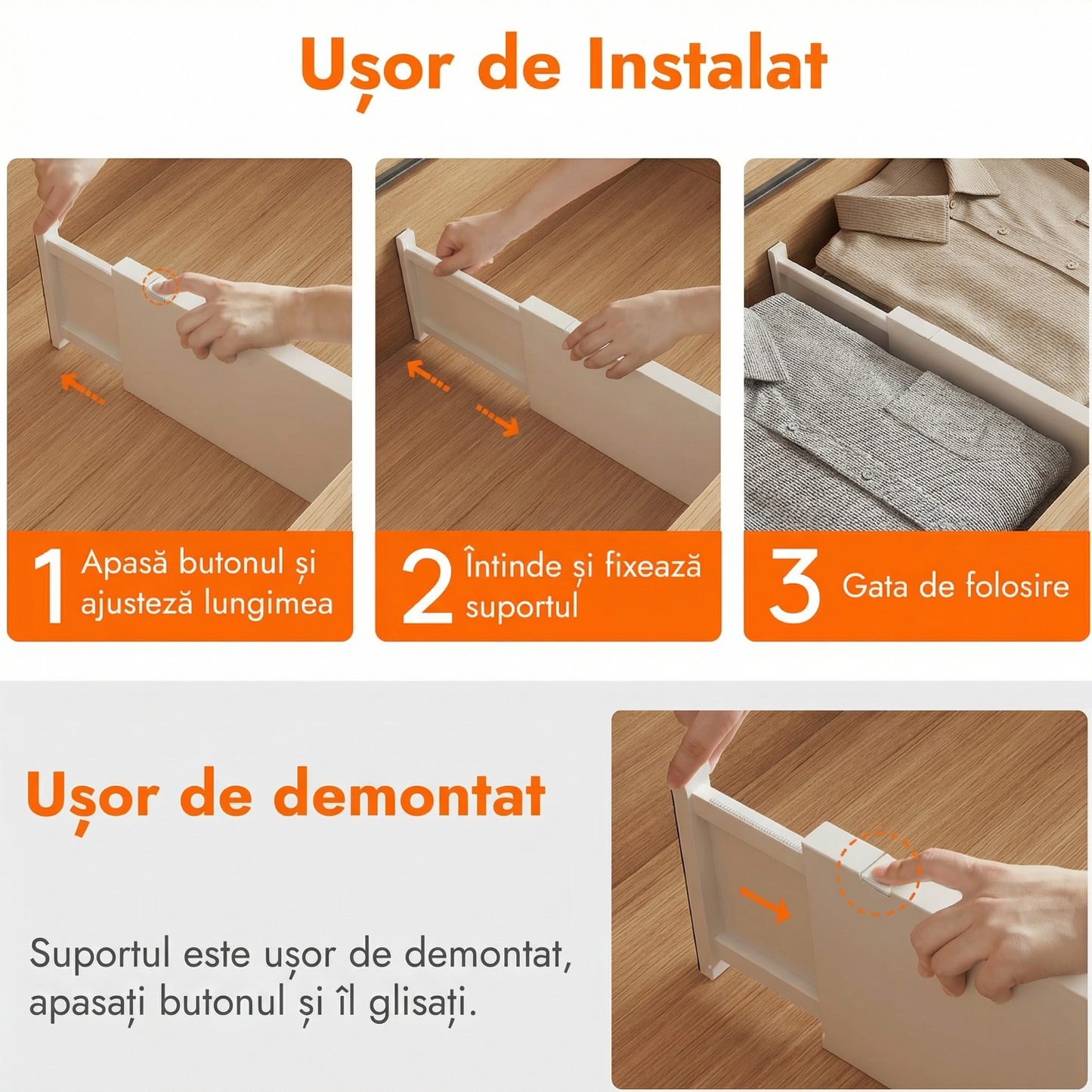 Separator Reglabil pentru Sertare, Extensibil până la 43 cm, pentru Bucătărie, Dormitor sau Birou