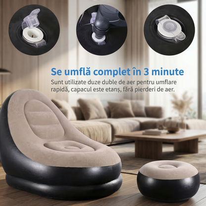 Set Fotoliu și Suport Picioare Gonflabil din Material Durabil, Potrivit pentru Interior și Exterior cu Umflare Rapidă