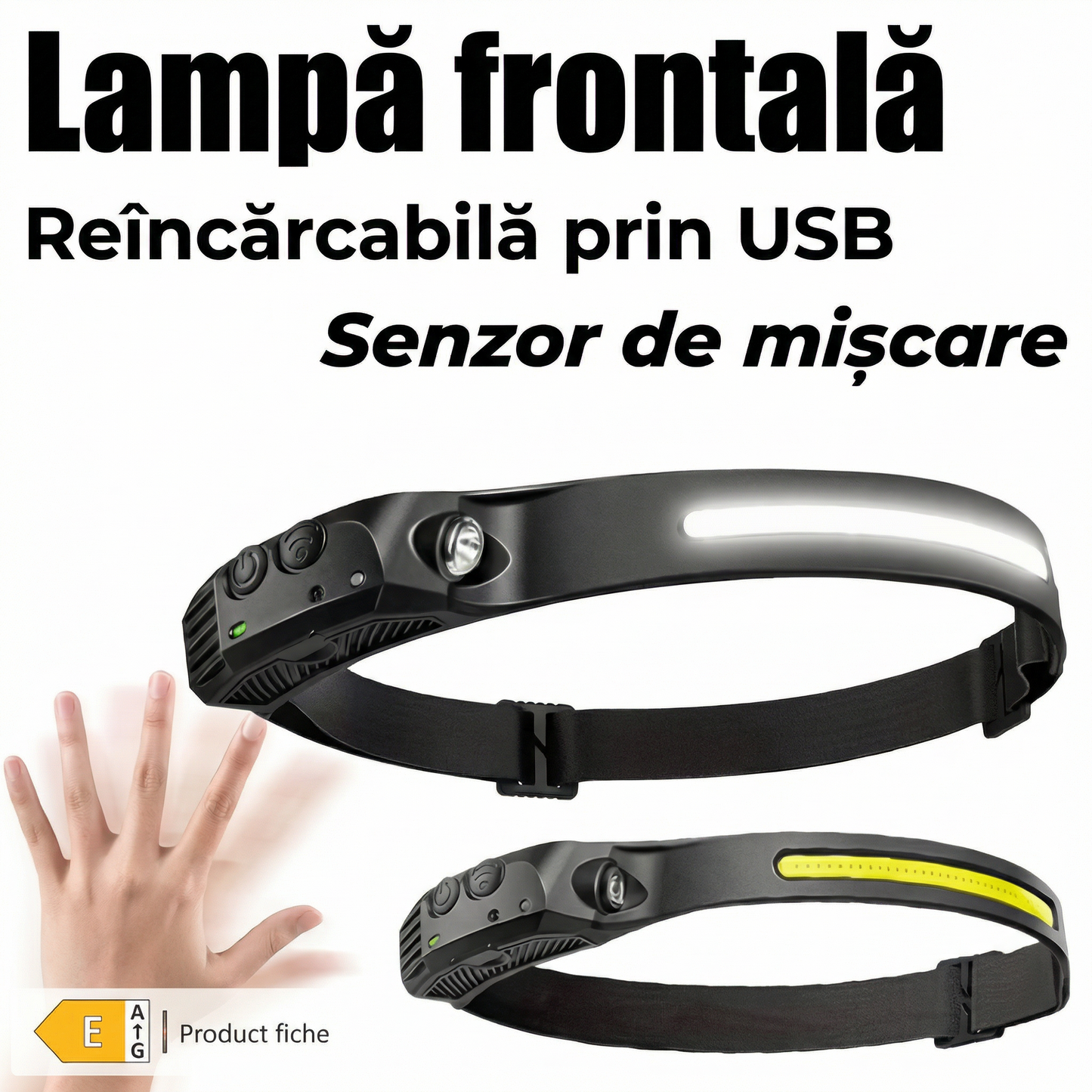 Lanternă Frontală LED Multifuncțională de Exterior cu Senzor de Mișcare