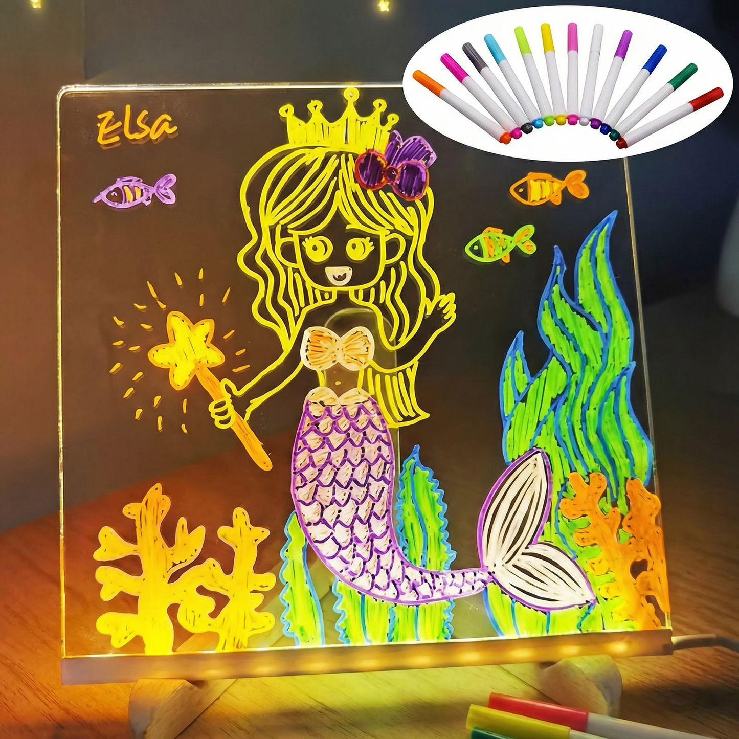 Tablă de Desen Acrilică cu 7 Pixuri Colorate și Lavetă de Curățare Inclusă