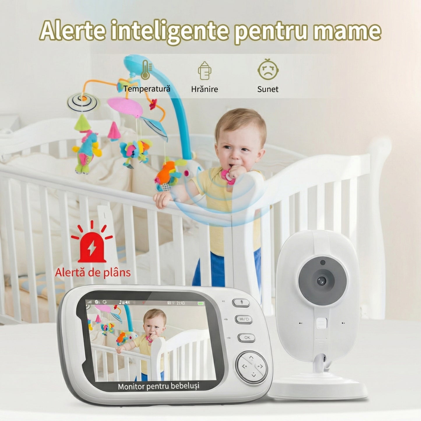 Monitor cu Cameră - Ecran HD 720P și Vedere Nocturnă, Cameră Video Wireless, Audio în 2 Direcții, Senzor de Temperatură, Cântece de Leagăn