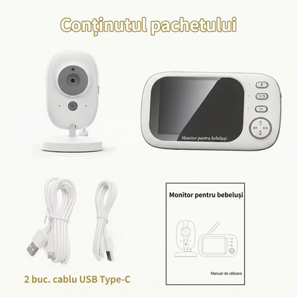 Monitor cu Cameră - Ecran HD 720P și Vedere Nocturnă, Cameră Video Wireless, Audio în 2 Direcții, Senzor de Temperatură, Cântece de Leagăn