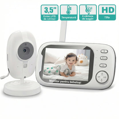 Monitor cu Cameră - Ecran HD 720P și Vedere Nocturnă, Cameră Video Wireless, Audio în 2 Direcții, Senzor de Temperatură, Cântece de Leagăn