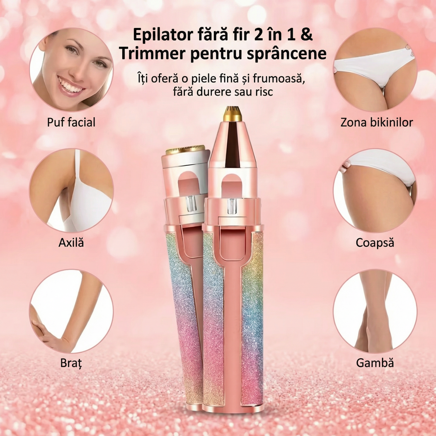 Epilator Facial 2 în 1, Portabil cu LED, USB Reîncărcabil, Cap Detașabil pentru Sprâncene și Epilare Faciala, Fara Durere
