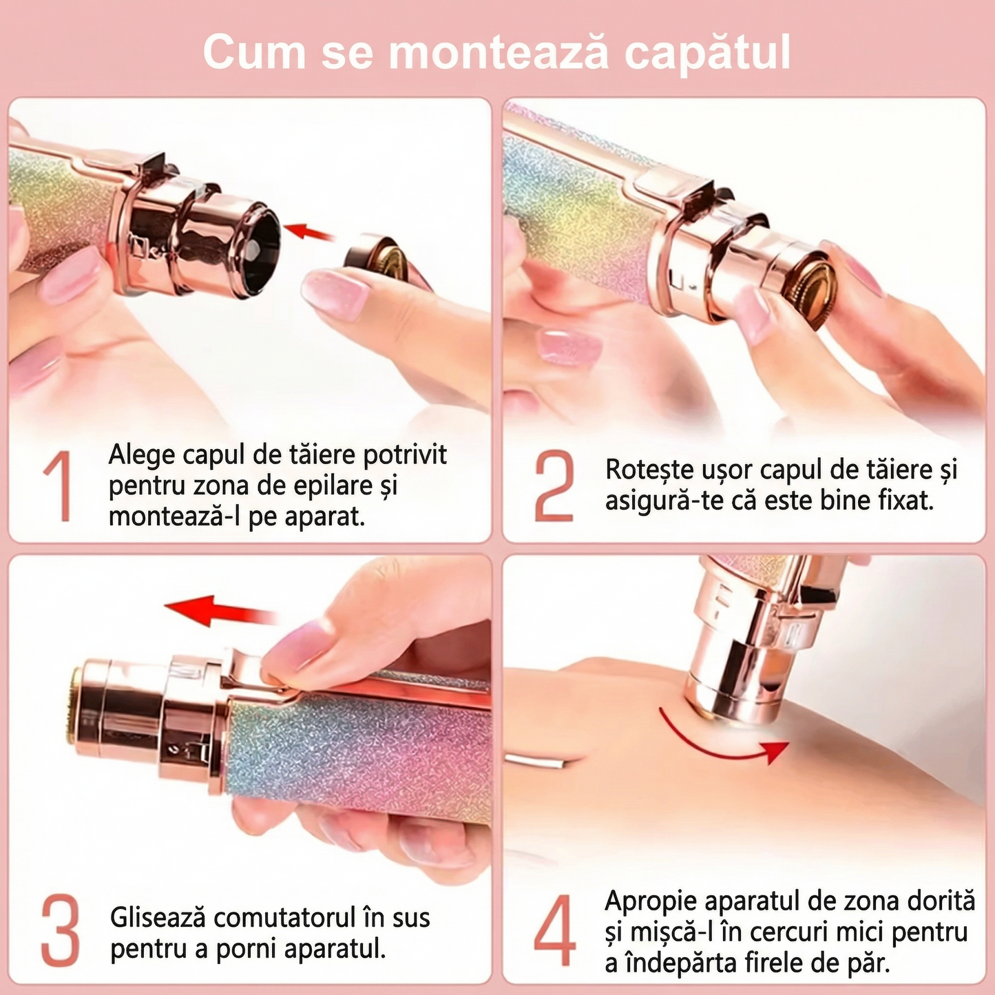 Epilator Facial 2 în 1, Portabil cu LED, USB Reîncărcabil, Cap Detașabil pentru Sprâncene și Epilare Faciala, Fara Durere