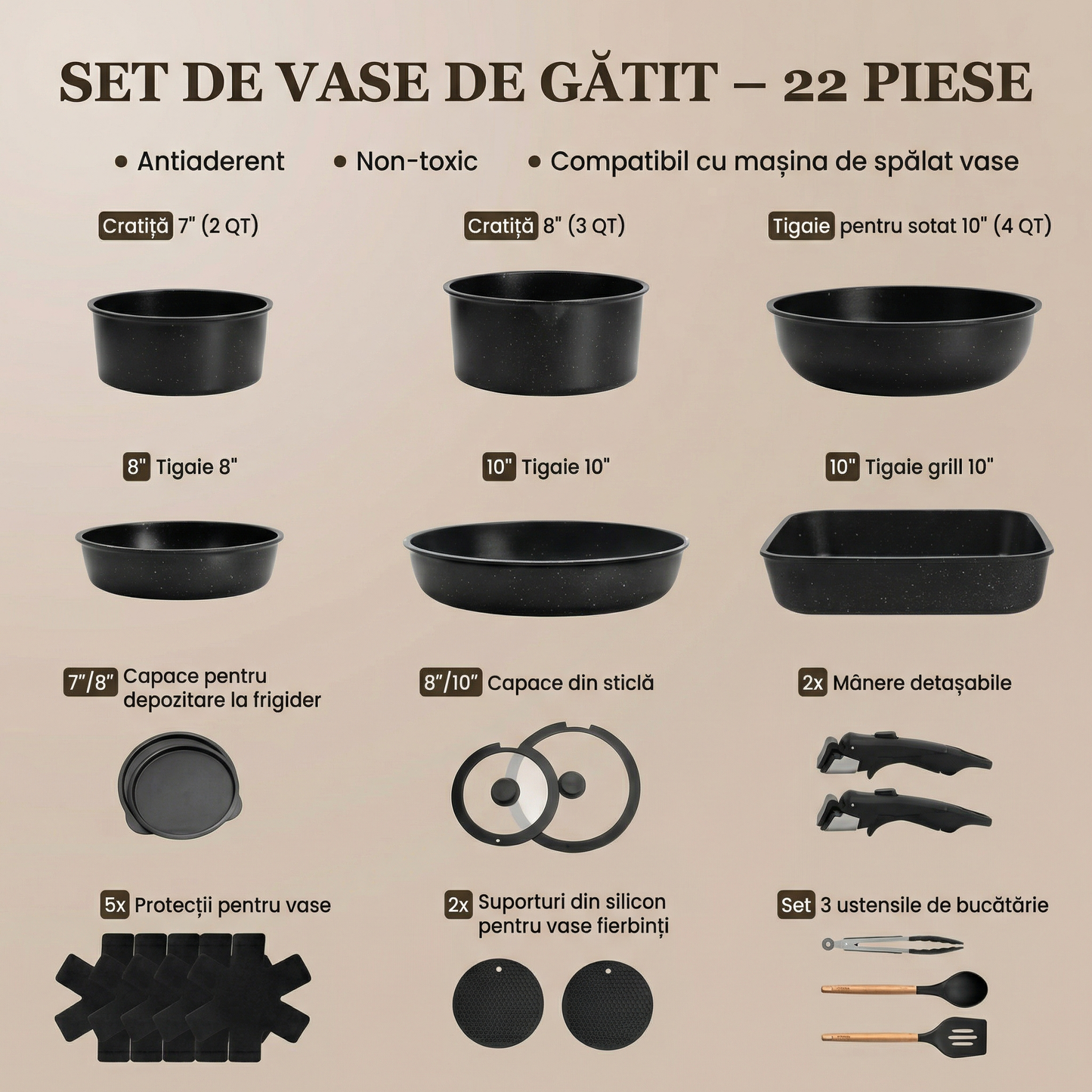Set Complet Cu 22 De Piese Pentru Bucătărie Cu Oale, Tigăi, Wok, Tăvi, Ustensile, Accesorii
