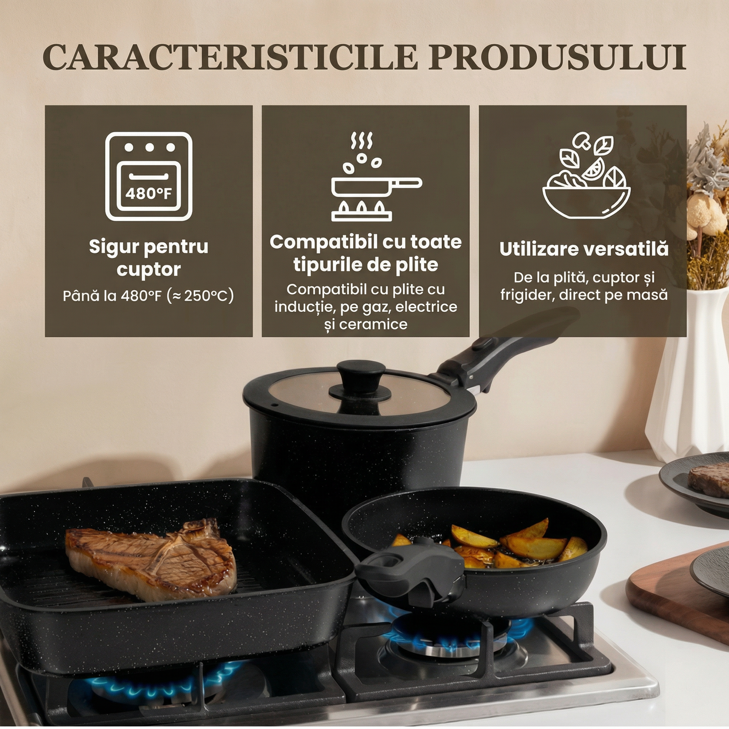 Set Complet Cu 22 De Piese Pentru Bucătărie Cu Oale, Tigăi, Wok, Tăvi, Ustensile, Accesorii