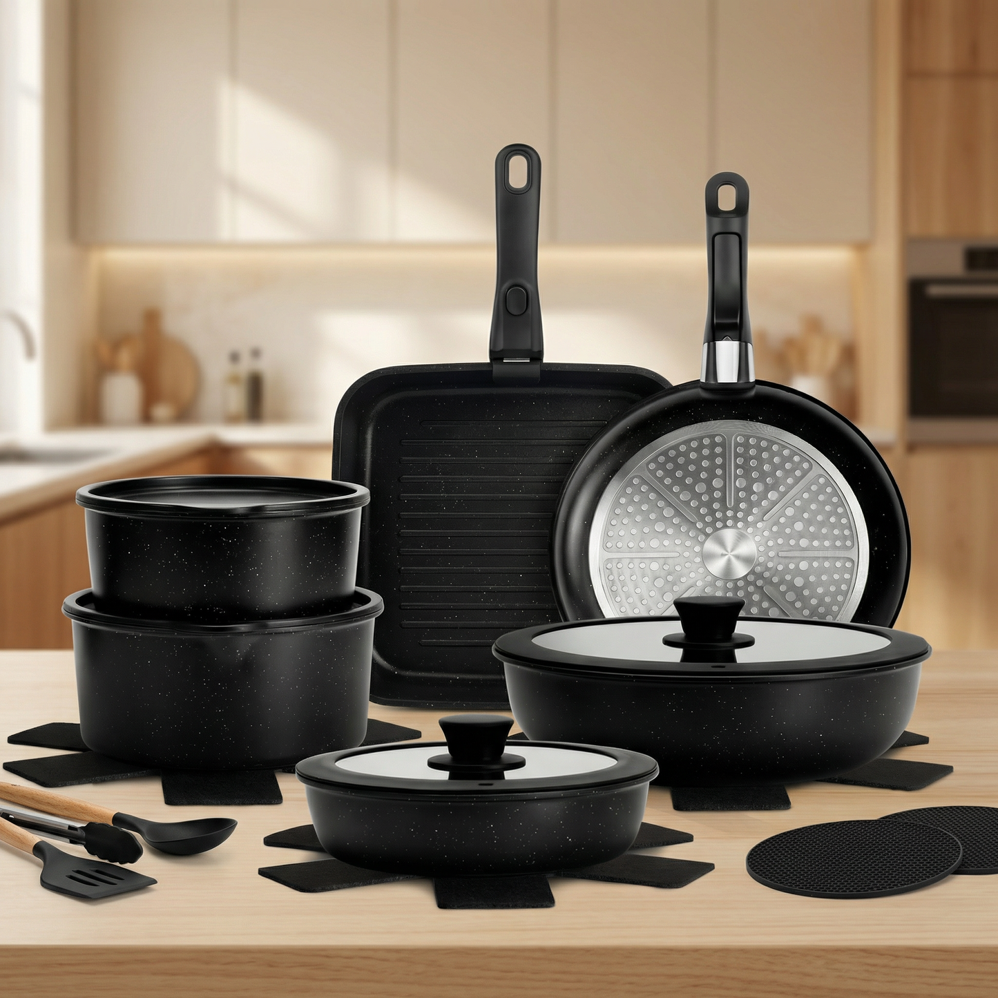 Set Complet Cu 22 De Piese Pentru Bucătărie Cu Oale, Tigăi, Wok, Tăvi, Ustensile, Accesorii