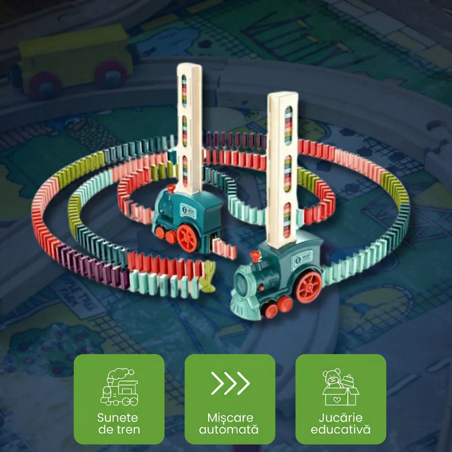 Trenuleț Inteligent Care Stivuiește Piese Domino și Redă Sunete de Locomotivă