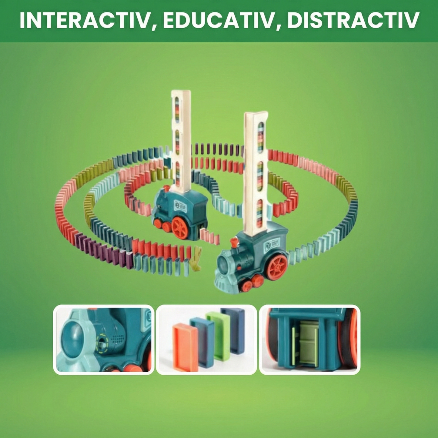 Trenuleț Inteligent Care Stivuiește Piese Domino și Redă Sunete de Locomotivă