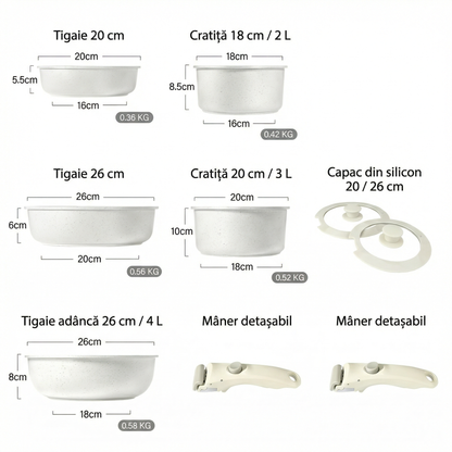 Set de Vase de Gatit 9 Piese,  Antiaderent, Termorezistent, Maner Detasabil, Dimensiuni 18/20/26 Cm, Pentru Plita, Cuptor si Aragaze pe Gaz