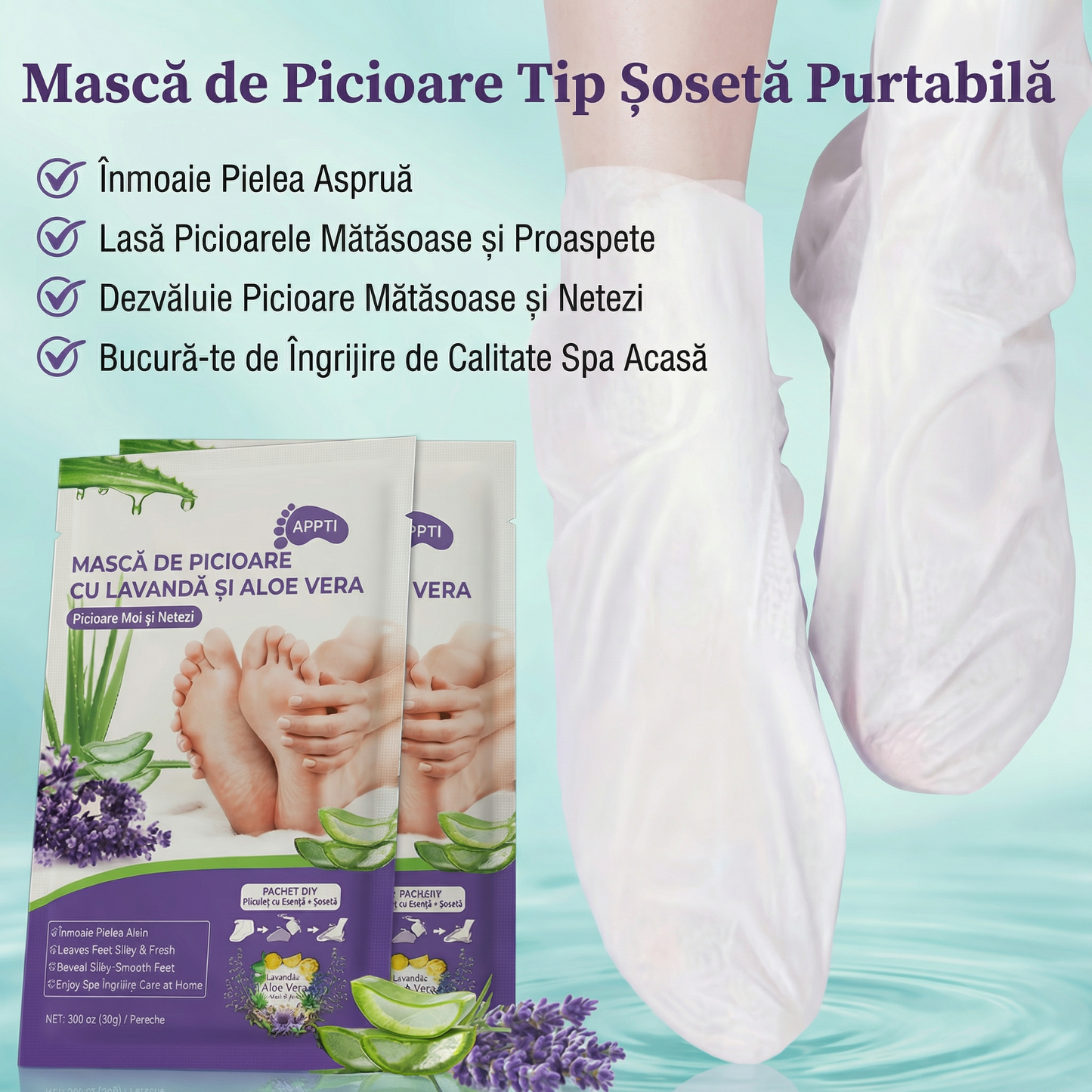 Mască Exfoliantă și Hidratantă de Picioare cu Lavandă, Aloe Vera, Acid Lactic, Uree și Acid Malic