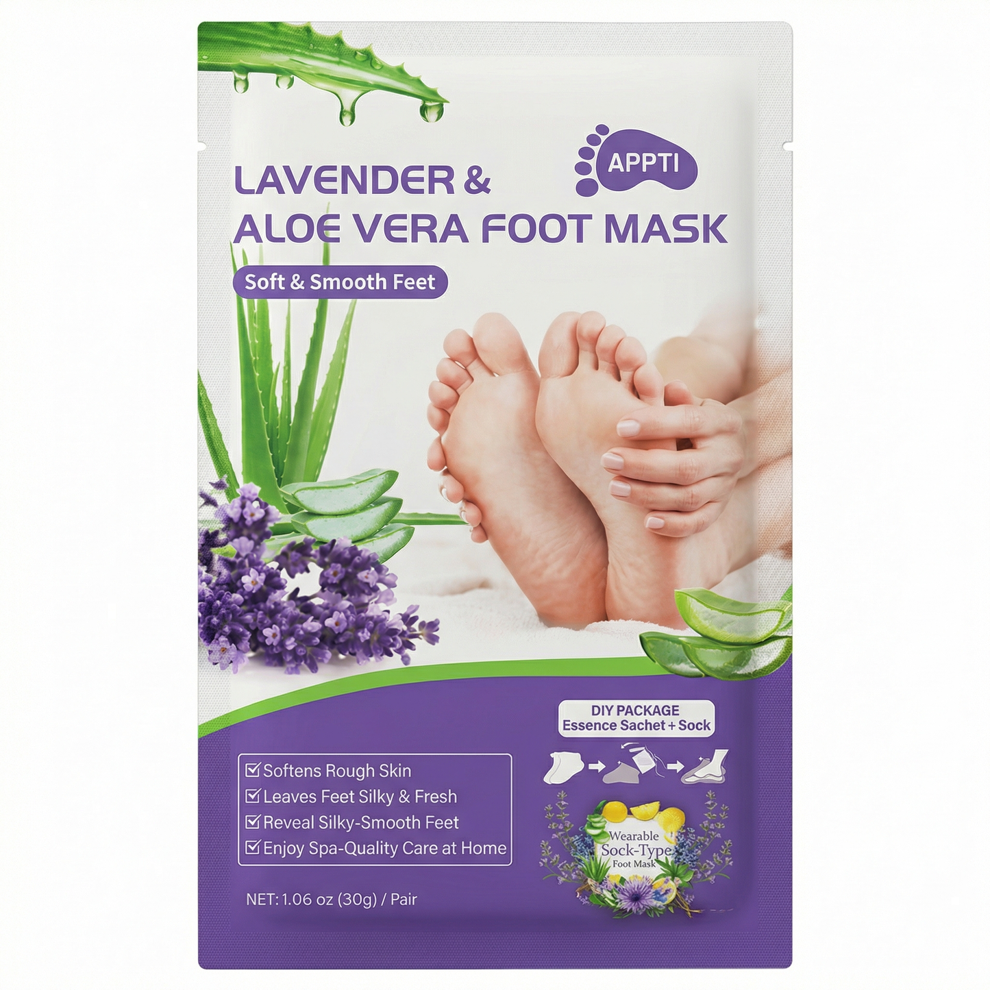 Mască Exfoliantă și Hidratantă de Picioare cu Lavandă, Aloe Vera, Acid Lactic, Uree și Acid Malic