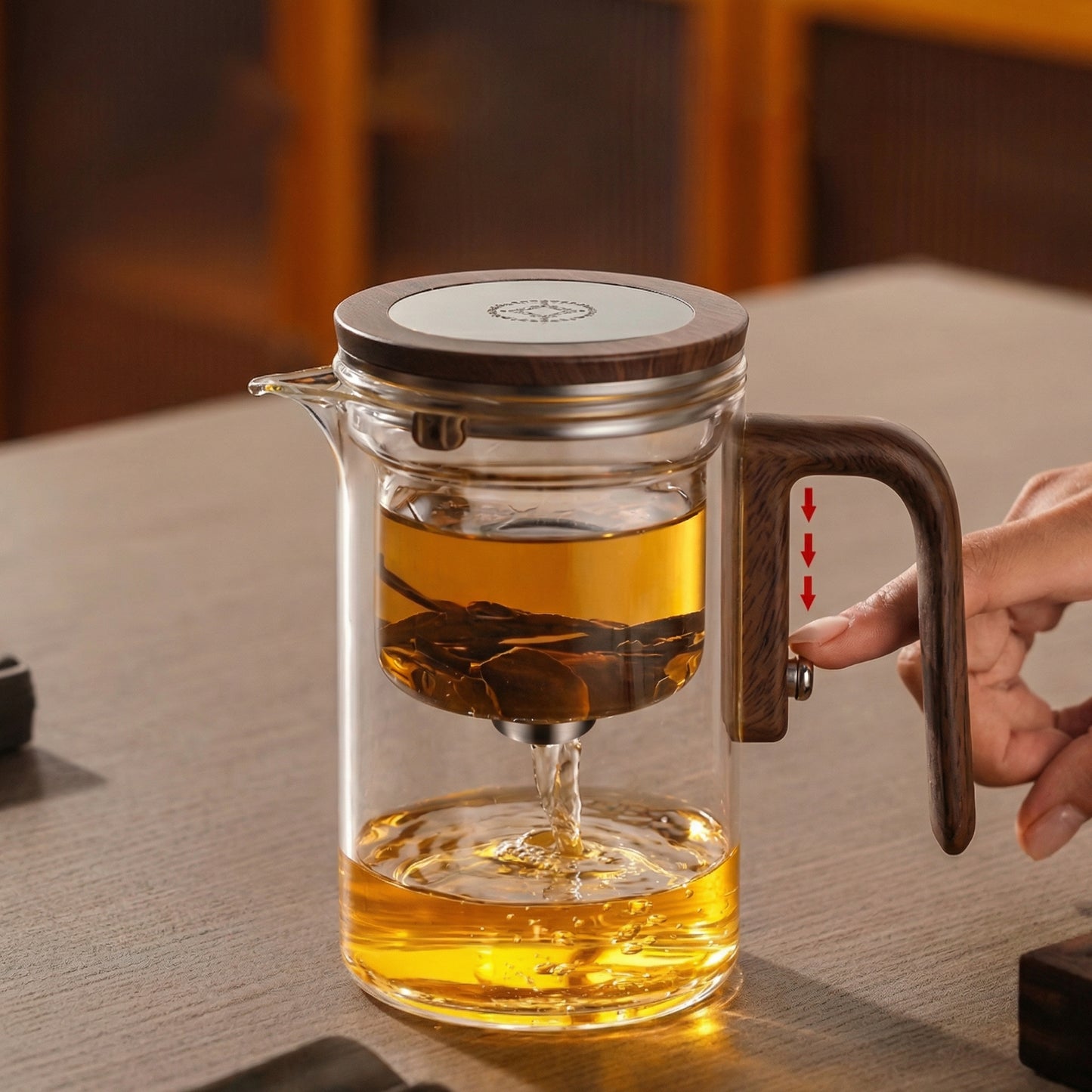 Pahar 2 în 1 - Pahar și Ceainic 600 ml din Sticlă cu Mâner de Lemn