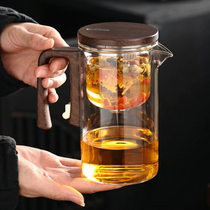 Pahar 2 în 1 - Pahar și Ceainic 600 ml din Sticlă cu Mâner de Lemn