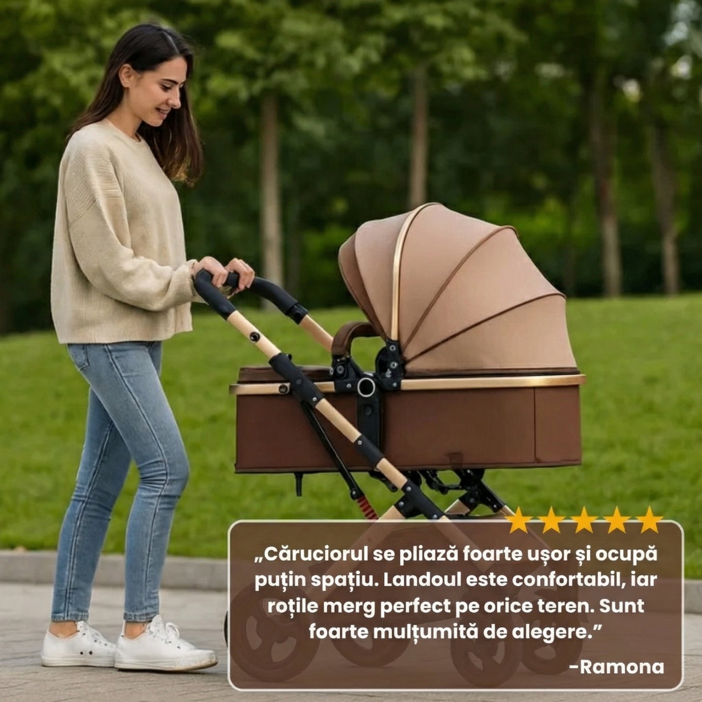 Cărucior Pliabil 2-în-1 cu Landou, Sistem de Pliere Rapidă, Ușor de Transportat