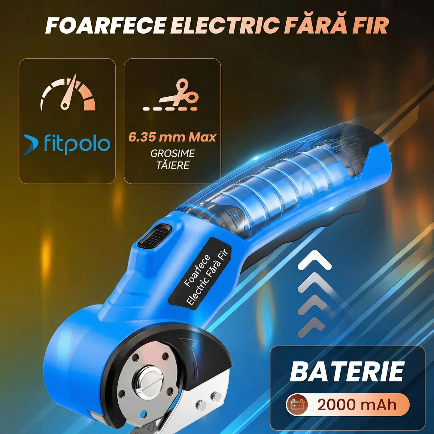Foarfece Electrice Fără Fir, Reîncărcabile, cu Blocare de Siguranță și 2 Lame, 1500mAh, Lumină LED