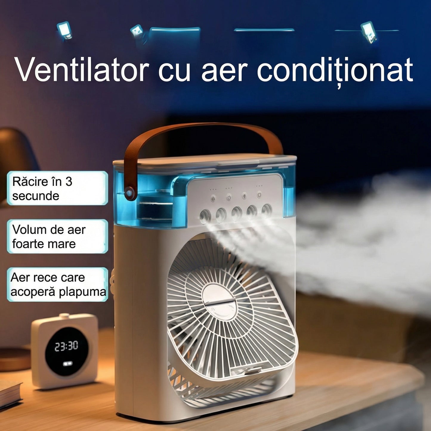 Umidificator cu Ventilator cu 5 Duze de Aer, Capacitate de 600 ml, 3 Trepte de Reglare