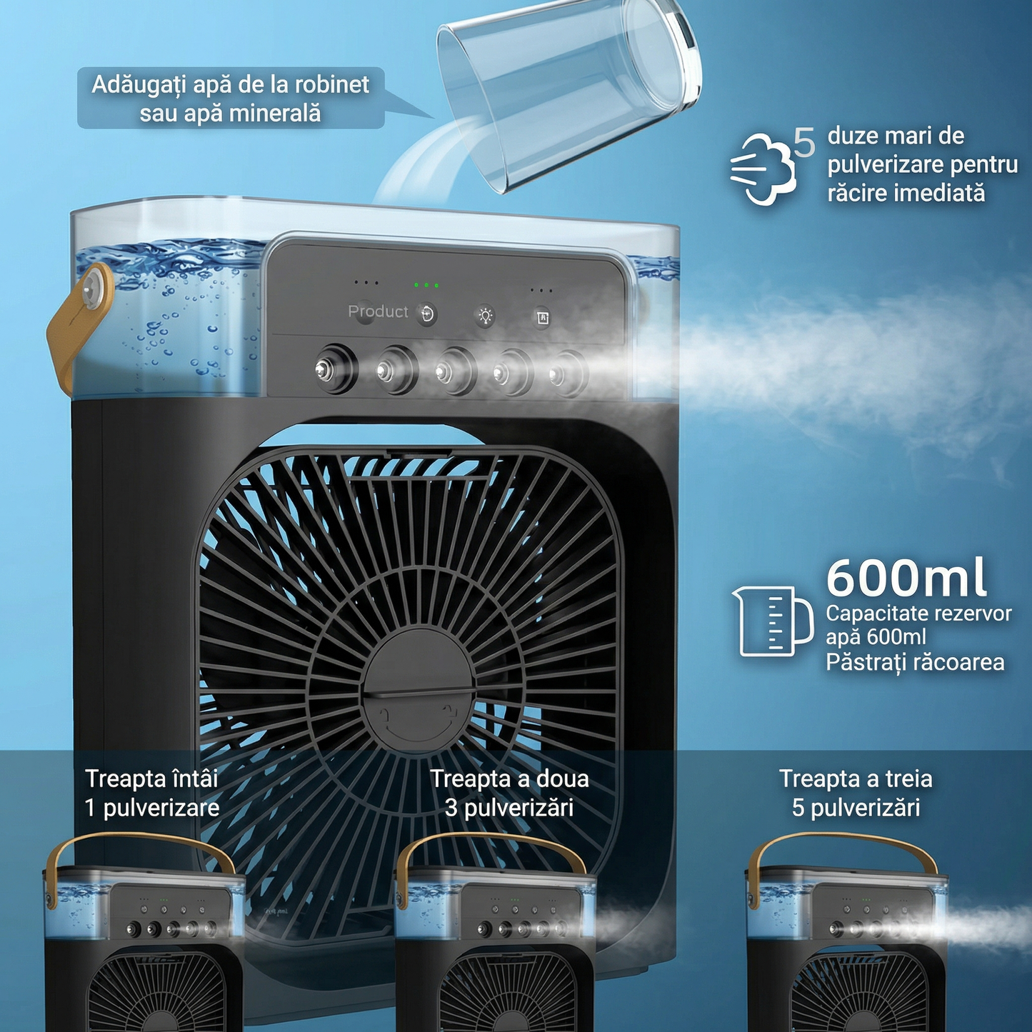 Umidificator cu Ventilator cu 5 Duze de Aer, Capacitate de 600 ml, 3 Trepte de Reglare