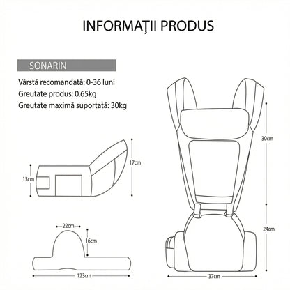 Marsupiu Ergonomic pentru Bebeluși cu Scaun pe Șold, din Bumbac 100%, Respirabil și Ușor, pentru 0–36 luni, Certificat Conform Standardelor de Siguranță, Purtare în mai Multe Poziții, Susține până la 30 kg