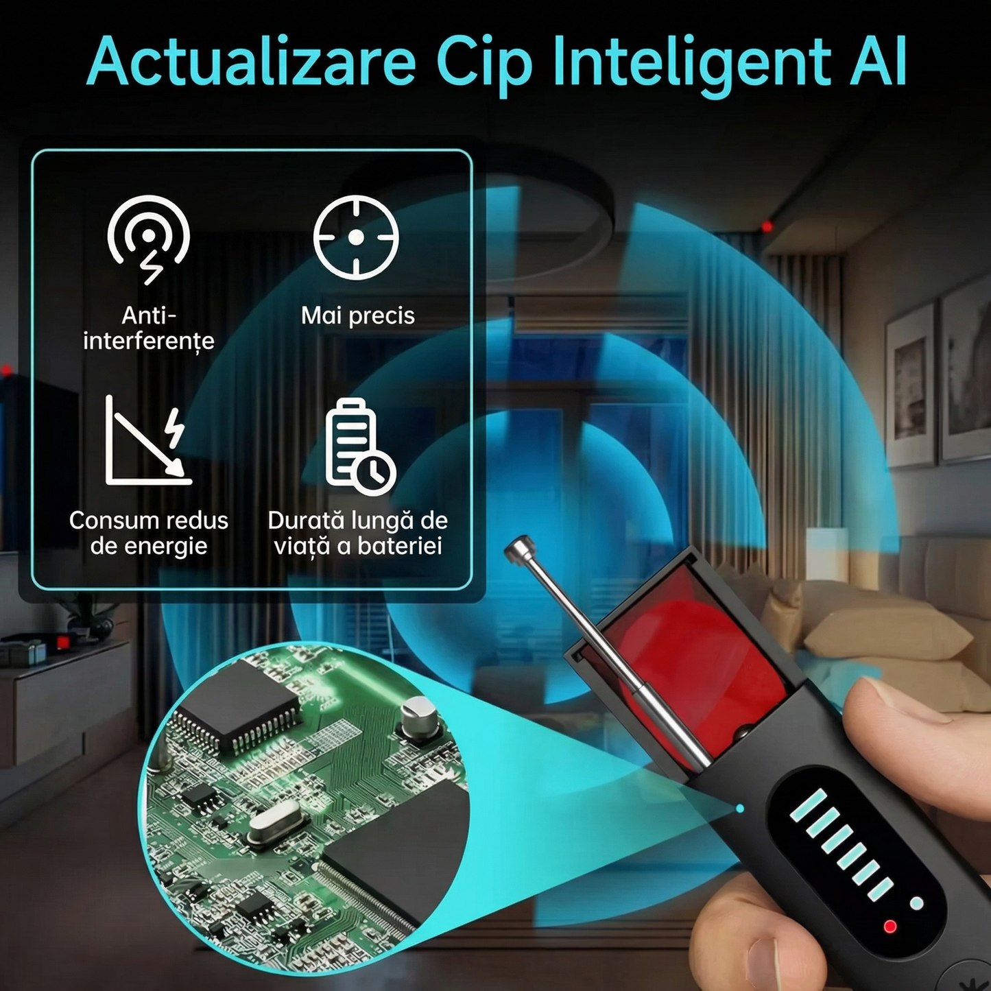 Detector Portabil de Dispozitive, Trackere GPS și Dispozitive de Ascultare Wireless cu 25 de Niveluri
