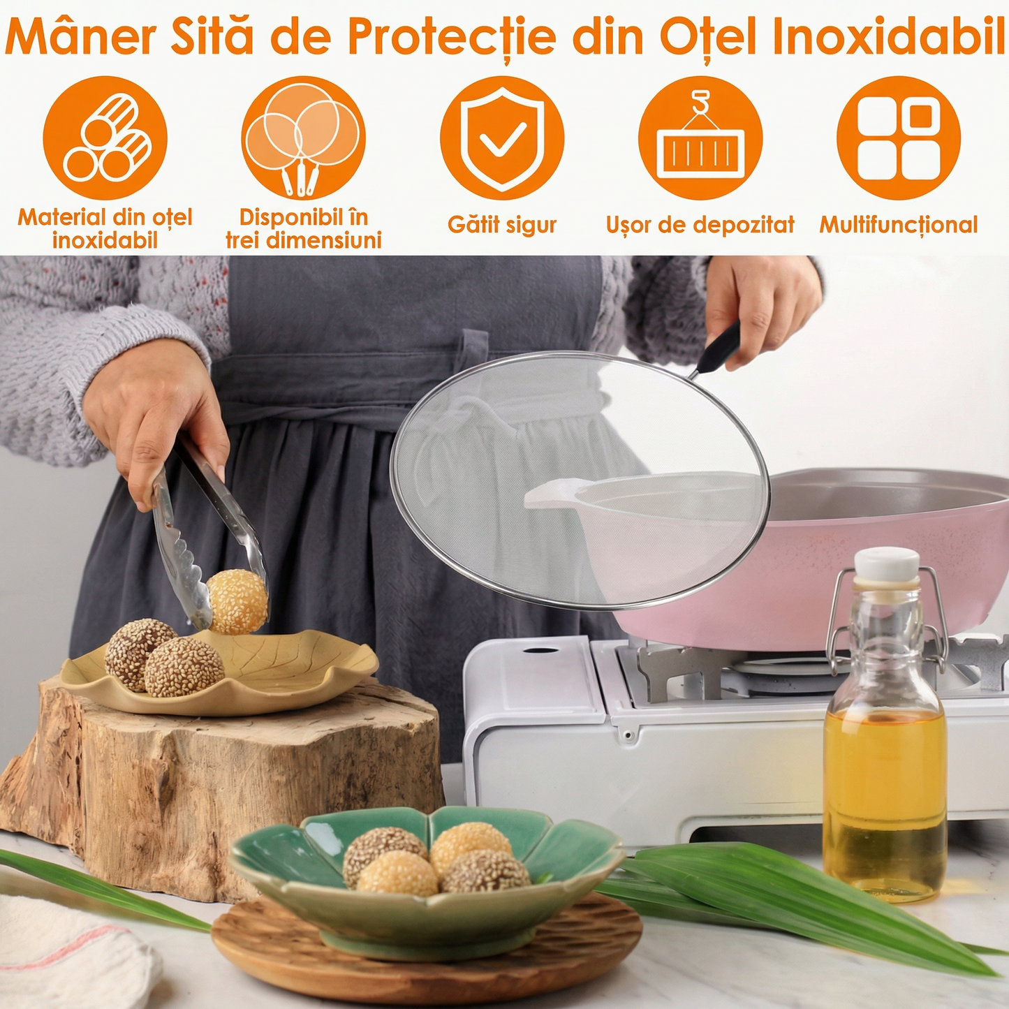 Protecție Împotriva Stropirii cu Mâner din Plasă de Oțel Inoxidabil