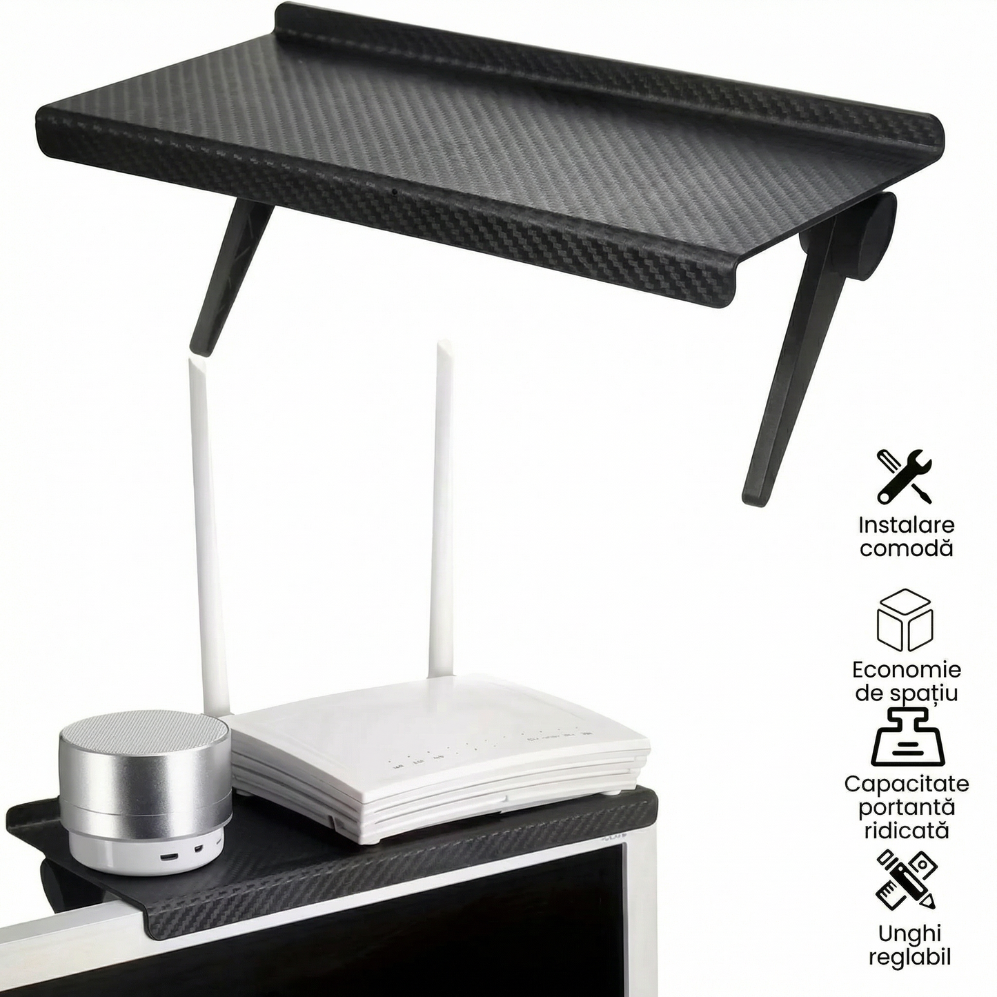 Suport pentru TV din Fibră de Carbon cu Suport pentru Router Wireless și Cutie de Cabluri