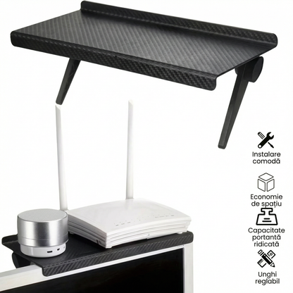Suport pentru TV din Fibră de Carbon cu Suport pentru Router Wireless și Cutie de Cabluri