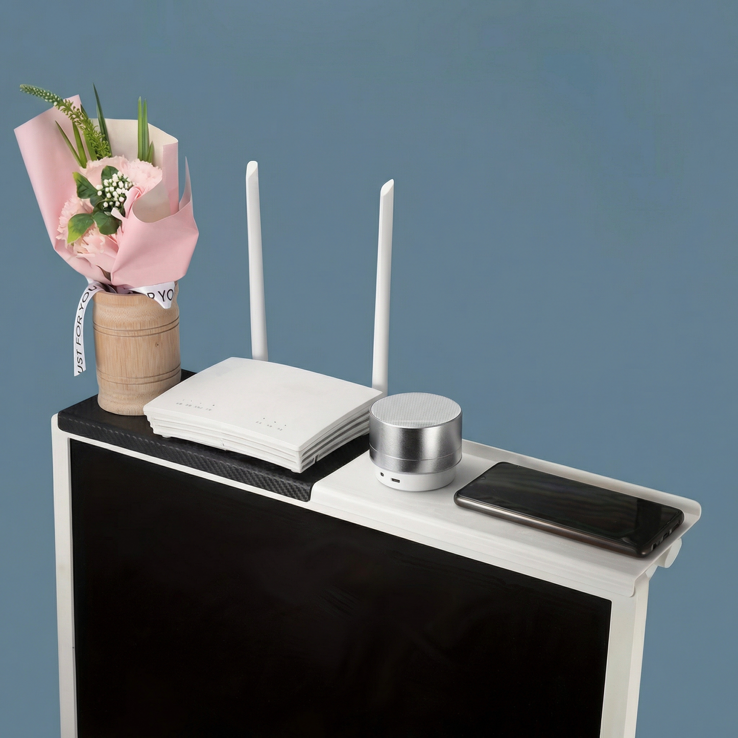Suport pentru TV din Fibră de Carbon cu Suport pentru Router Wireless și Cutie de Cabluri