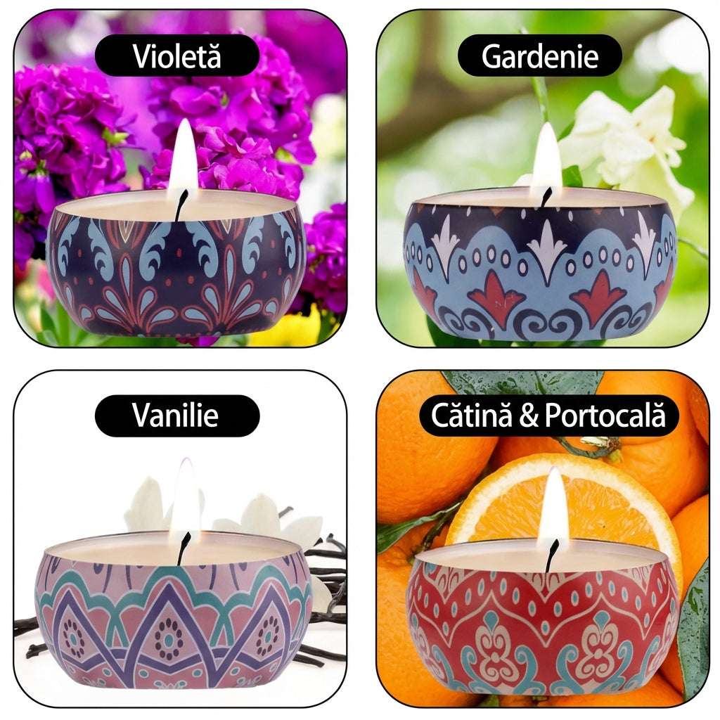 Set de 4 Lumânări Parfumate - Aromă de Violetă, Portocală, Vanilie și Gardenie